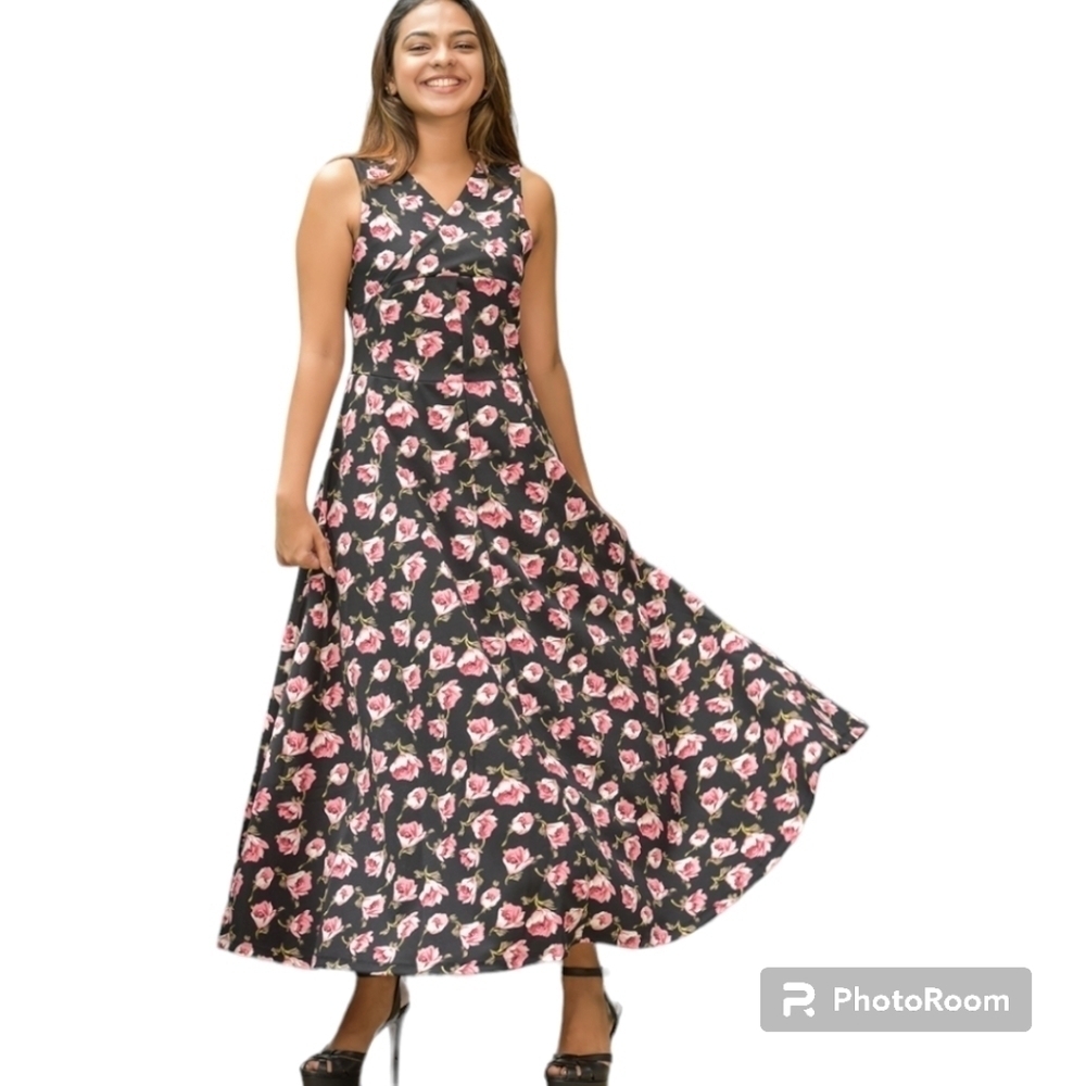 EVAN Picone Floral midi Dress Black/Pink floral Sleeveless size 10